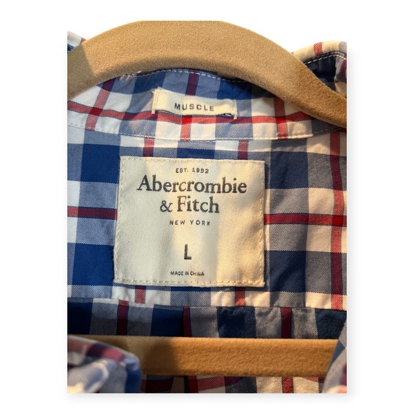 ABERCROMBIE & FITCH Muscle Shirt Mens L Red Blue Plaid - Picture 3 of 4